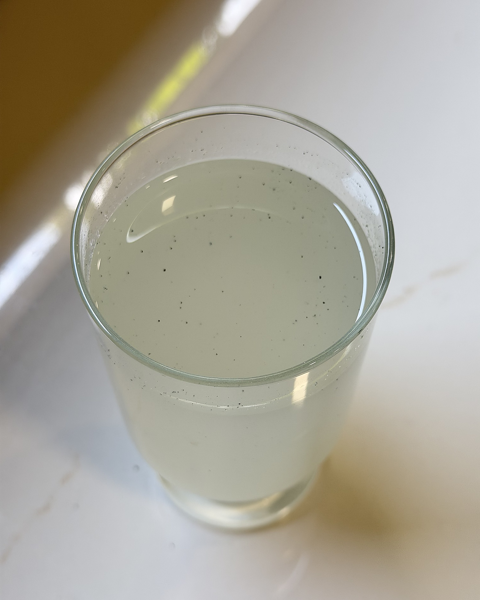 A glass of ZING — tiny dark and green NADH specks suspended in the pale drink